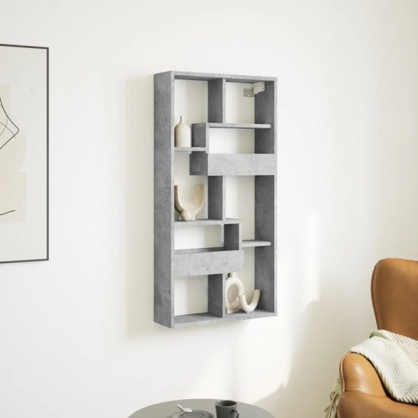 Kinston Wooden Wall Shelf With 8 Shelves In Concrete Grey