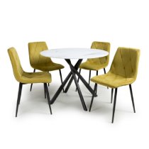 Accro White Glass Dining Table With 4 Vestal Yellow Chairs