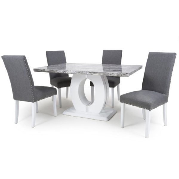 Naiva Grey Marble Dining Table With 4 Rabat Silver Grey Chairs