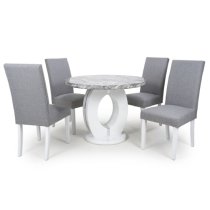 Naiva Grey Marble Round Dining Table 4 Rabat Silver Grey Chairs