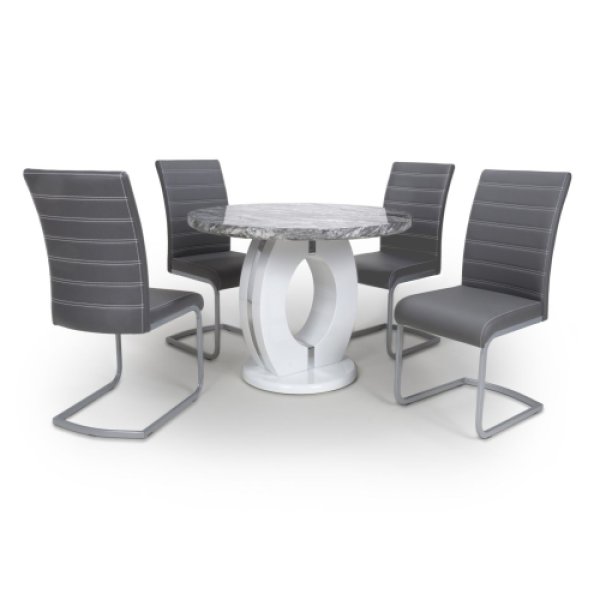 Naiva Grey Marble Round Dining Table With 4 Conary Grey Chairs