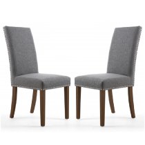 Rabat Steel Grey Fabric Dining Chairs With Walnut Legs In Pair