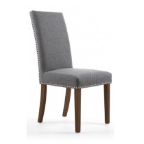 Rabat Steel Grey Fabric Dining Chairs With Walnut Legs In Pair