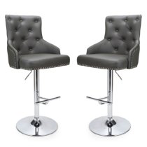 Rivne Graphite Grey Leather Bar Stools With Chrome Base In Pair