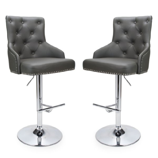 Rivne Graphite Grey Leather Bar Stools With Chrome Base In Pair