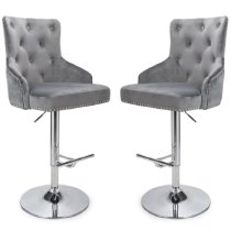 Rivne Grey Velvet Bar Stools With Chrome Base In Pair