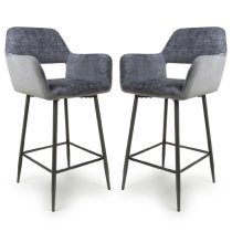 Safford Blue And Grey Fabric Bar Chairs With Black Legs In Pair