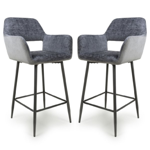 Safford Blue And Grey Fabric Bar Chairs With Black Legs In Pair