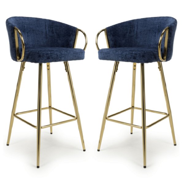 Visalia Blue Fabric Bar Stools With Gold Legs In Pair