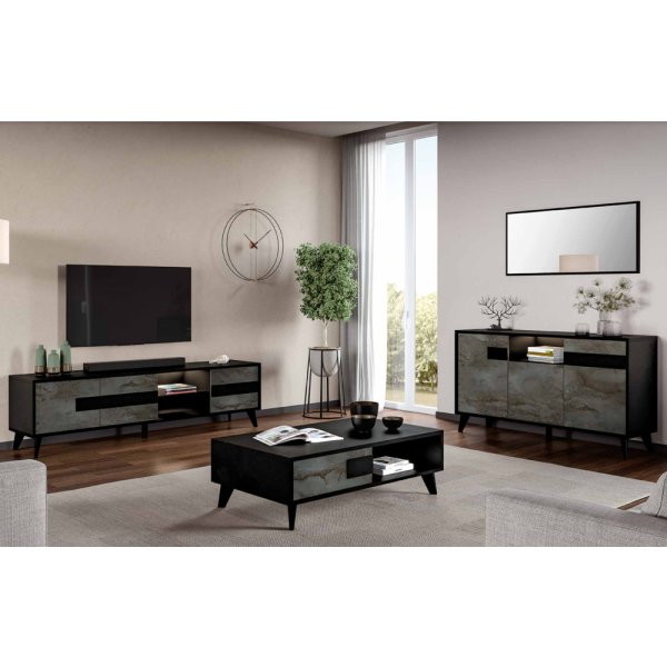 Laax Living Room Set With Sideboard In Black Oxide And LED