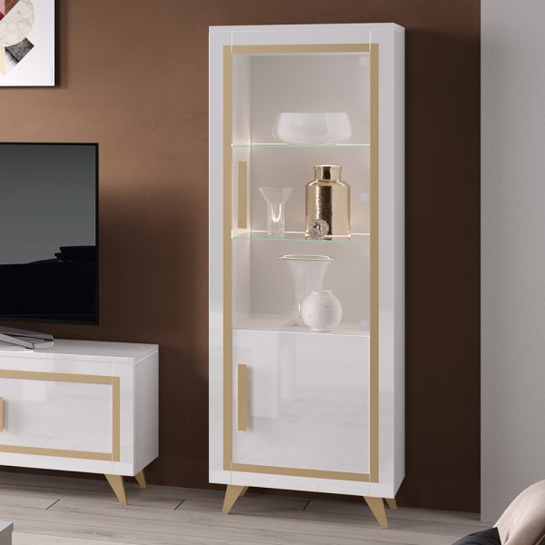 Geneva Right Hand Gloss Display Cabinet In White Gold With LED