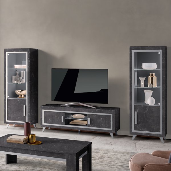 Sarver Living Room Set With Display Cabinet In Black And LED