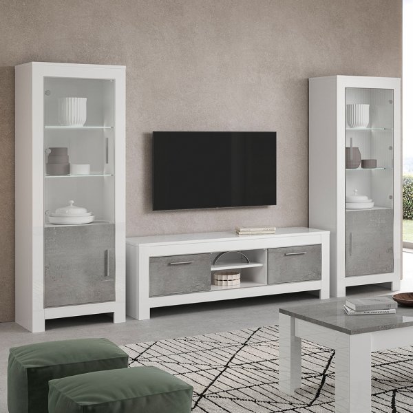 Lorenz Living Room Set With Display Cabinet In Grey White And LED