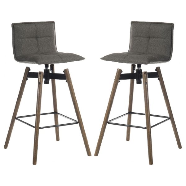 Silvis Grey Fabric Barstools With Dark Wooden Legs In Pair