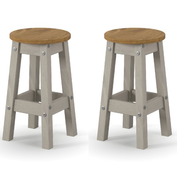 Consett Grey And Oak Round Wooden Bar Stools In Pair