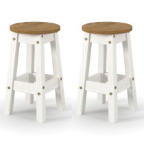 Consett White And Oak Round Wooden Bar Stools In Pair