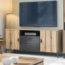 Arthur Wooden Small TV Stand With 2 Doors 2 Drawers In Grey Oak