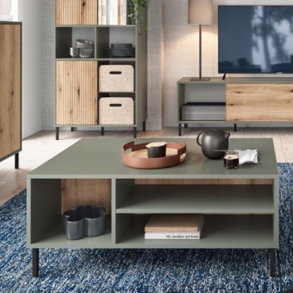 Danville Wooden Coffee Table With 3 Shelves In Green And Oak