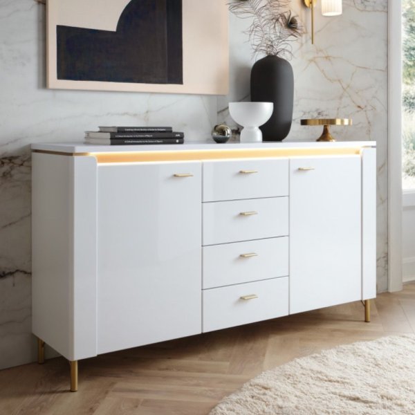 Laughlin LED High Gloss Sideboard With 2 Doors 4 Drawers In White