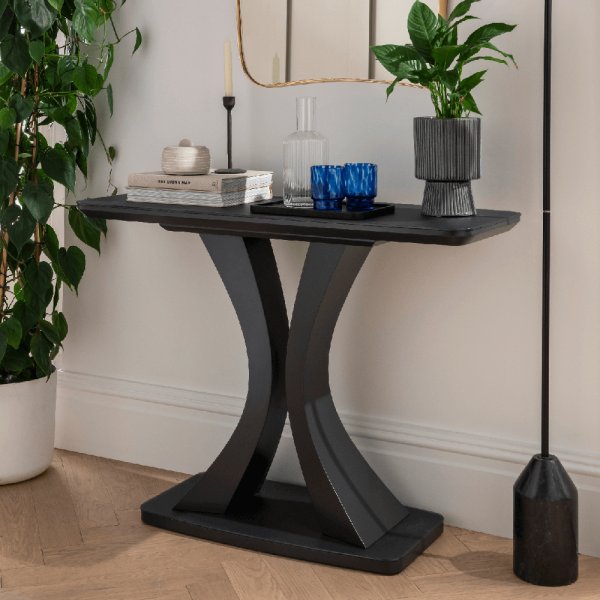 Decatur Glass Rectangular Console Table In Charcoal