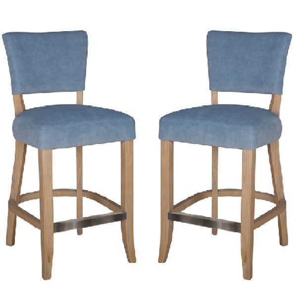 Dothan Blue Velvet Bar Chairs With Oak Legs In Pair