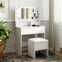 Eden Wooden Dressing Table And Stool In White With LED Lights