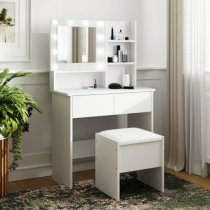 Eden Wooden Dressing Table And Stool In White With LED Lights