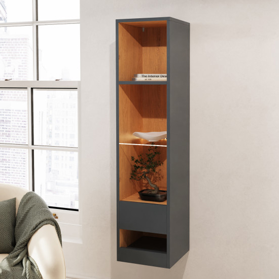 Langley Tall Wooden Shelving Unit In Anthracite And Oak With LED