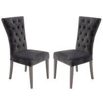 Pombo Charcoal Velvet Dining Chairs With Wooden Leg In Pair