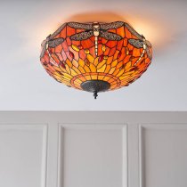 Dearborn Tiffany Glass Flush Ceiling Light In Orange And Red