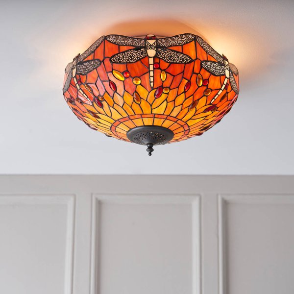 Dearborn Tiffany Glass Flush Ceiling Light In Orange And Red