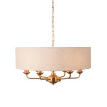 Hixson 6 Light Natural Fabric Pendant Ceiling Light In Brass