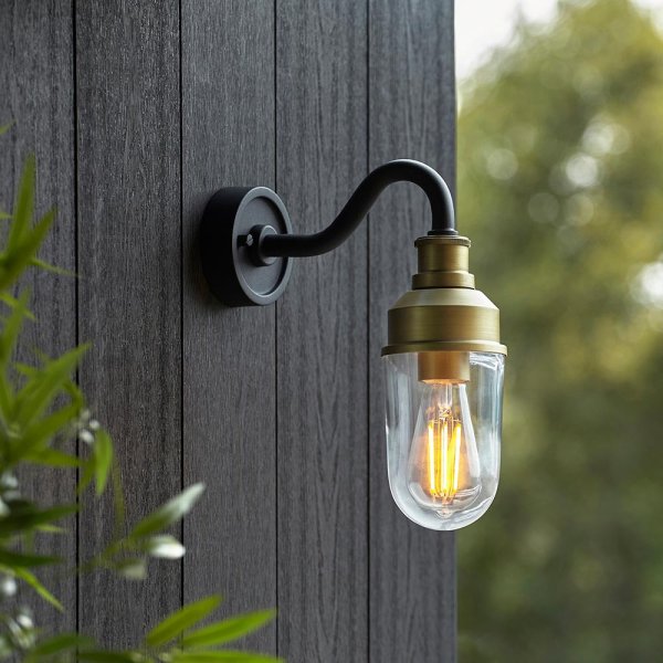 Mayetta Clear Glass Shade Outdoor Wall Light In Black And Gold