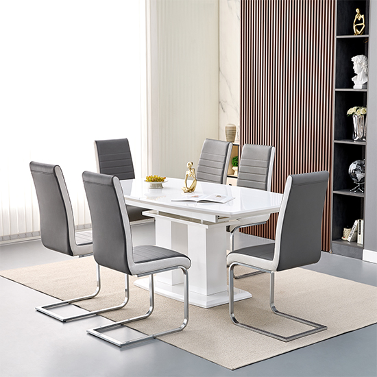 Genisimo Large Gloss Extending Dining Table 6 Symphony Grey Chairs