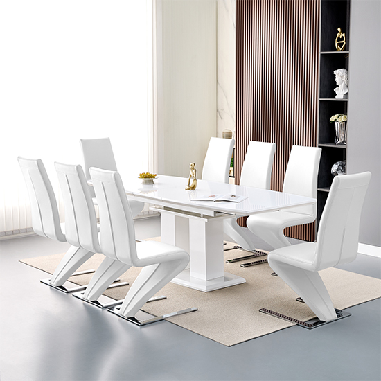 Genisimo Large Gloss Extending Dining Table 8 Demi Z White Chairs