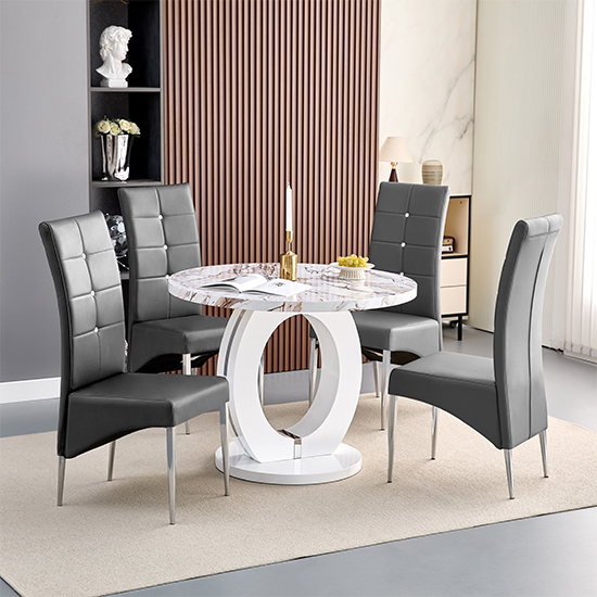 Halo Milo Marble Effect Round Dining Table 4 Vesta Grey Chairs