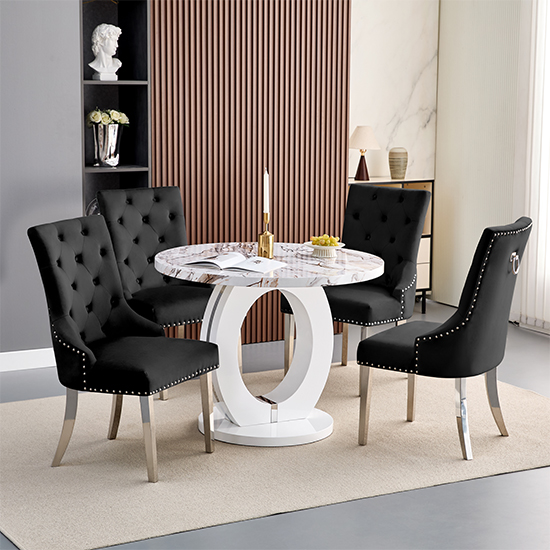 Halo Milo Marble Effect Round Dining Table 4 Imperial Black Chairs