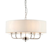 Newton 6 Light White Fabric Ceiling Light In Bright Nickel