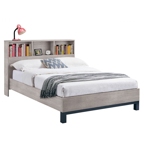 Baara Wooden Double Bed With Bookcase Headboard In Grey Oak