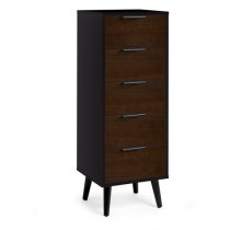 Akron Wooden Chest Of 5 Drawers Narrow In Walnut And Black