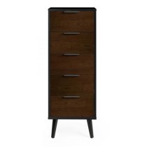 Akron Wooden Chest Of 5 Drawers Narrow In Walnut And Black