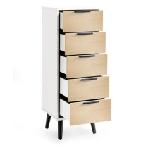 Akron Wooden Chest Of 5 Drawers Narrow In White And Oak