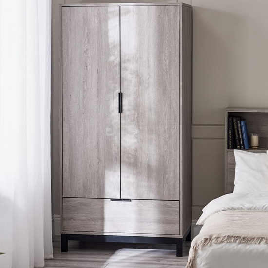 Baara Wooden Wardrobe With 2 Door 1 Drawer In Grey Oak