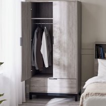 Baara Wooden Wardrobe With 2 Door 1 Drawer In Grey Oak