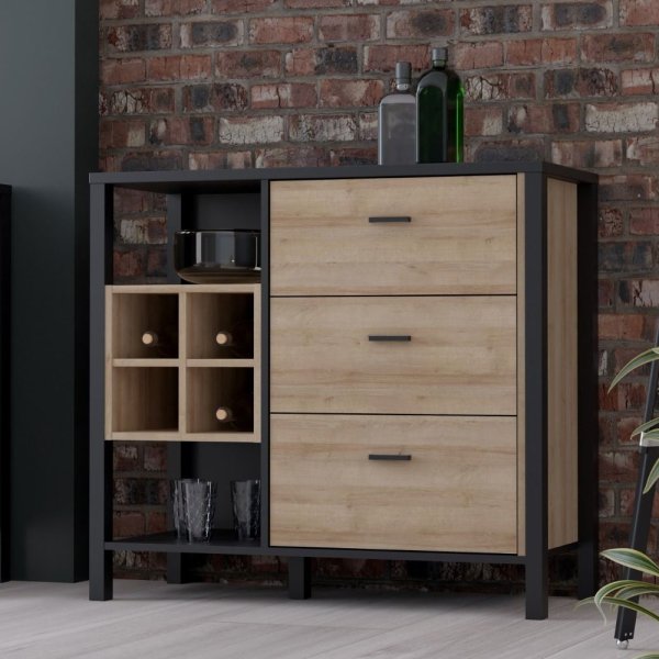 Hinckley Wooden Drinks Cabinet With 3 Drawers In Matt Black Oak