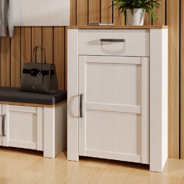 Bogota Wooden Shoe Cabinet With 1 Door 1 Drawer In White And Oak