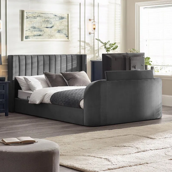 Celina Fabric Side Lift Ottoman Double TV Bed In Dark Grey