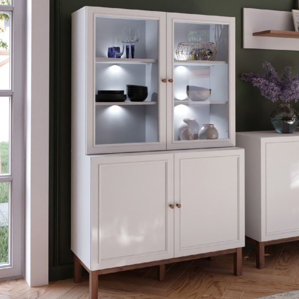 Waldorf Wooden Display Cabinet 4 Doors In Light Grey Oak With LED