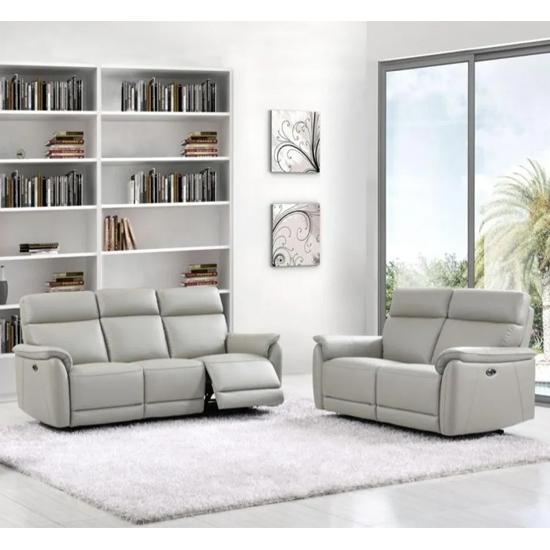 Canton Electric Recliner Leather 3+2 Sofa Suite In Light Grey