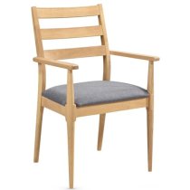 Orillia Carver Wooden Dining Chair In Oak With Grey Fabric Seat